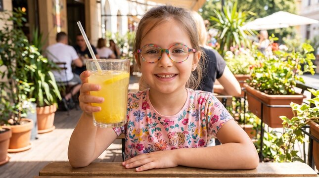 Smiling schoolgirl in glasses holding fresh orange juice at outdoor caf&eacute; table with plants