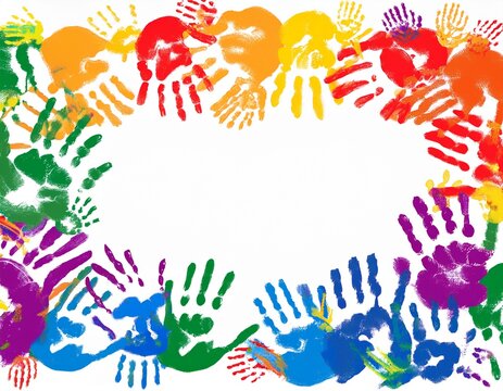 rainbow frame with multicolored handprints border