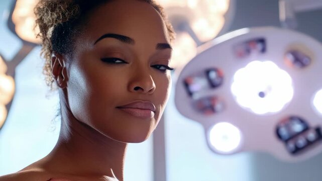 Beautiful Woman with Closed Eyes and Makeup in Front of a Ring Light