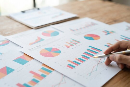 木製のデスクで、カラフルな円グラフや棒グラフのビジネス資料をペンで指して確認する人の手元