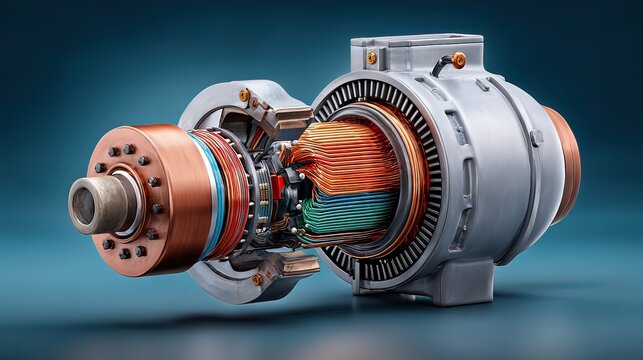 Detailed Internal View of Electric Motor Component with Winding Coils and Magnetic Parts on Blue Background