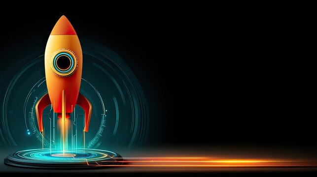 Futuristic rocket launch with digital interface and glowing elements in dark space background for technology themes