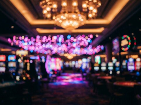 Casino Floor Bokeh Lights with Vibrant Slot Machines for Nightlife Excitement