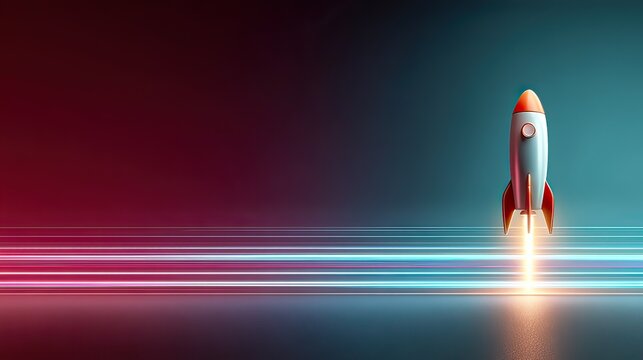 Colorful Retro Rocket Launching Into the Space with Bright Flames and Light Trails Against a Gradient Background