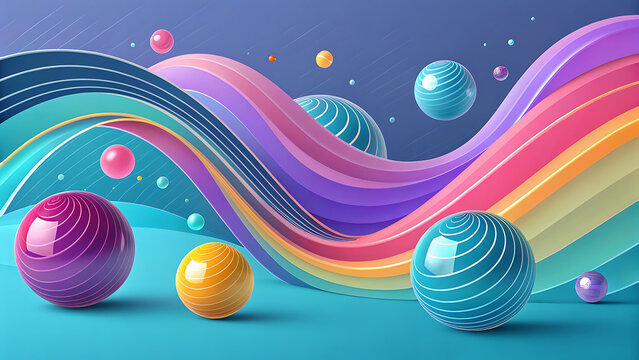 Colorful abstract 3D waves and spheres on blue background