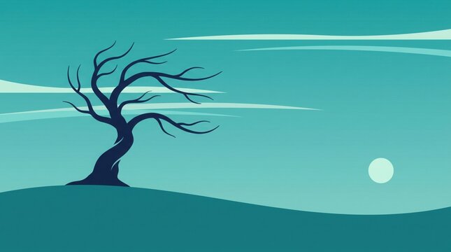 A leafless tree stands on a lonely hill against a teal sky with a full moon with silhouette stands rolling moon horizontal clouds