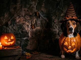 Naklejka premium Dog Beagle in a Witch Hat and Carved Pumpkin for Halloween