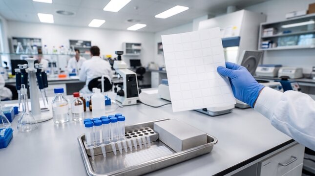 Scientific laboratory research results, gloved hand holding paper document in medical lab, professional clinical workspace