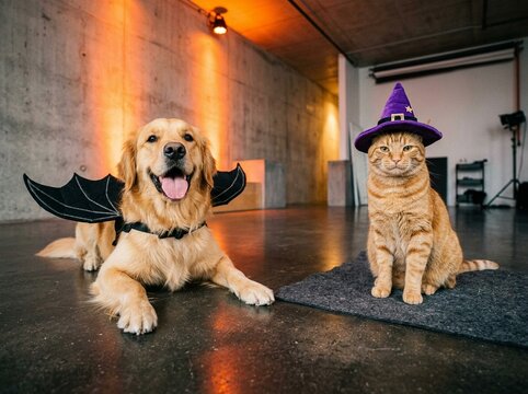 Halloween Golden Retriever and Tabby Cat Dressed in Spooky Costumes