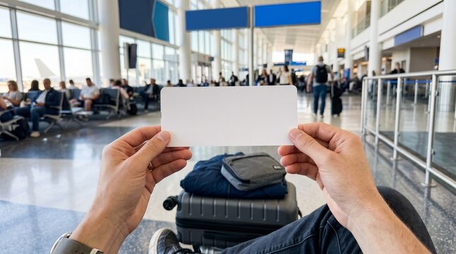 Blank boarding pass mockup held in hands at airport terminal, traveler holding white paper ticket card, travel concept