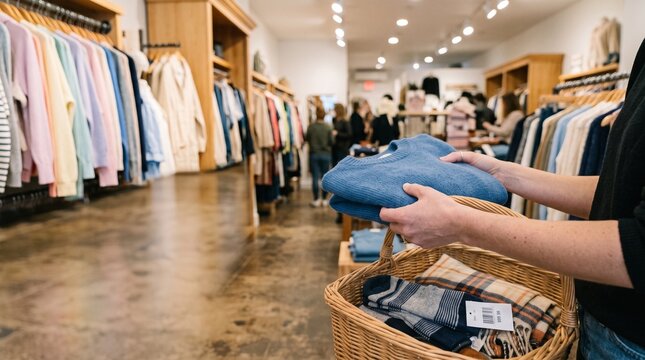 Modern clothing boutique interior, person holding blue sweater in retail store, fashion apparel shop with wooden racks and customers