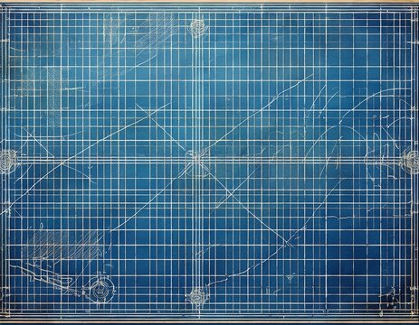 vintage blue blueprint paper with grid lines and frayed edges