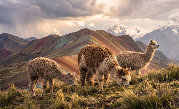  Andean Alpacas Grazing in Front of Rainbow Mountain Peru