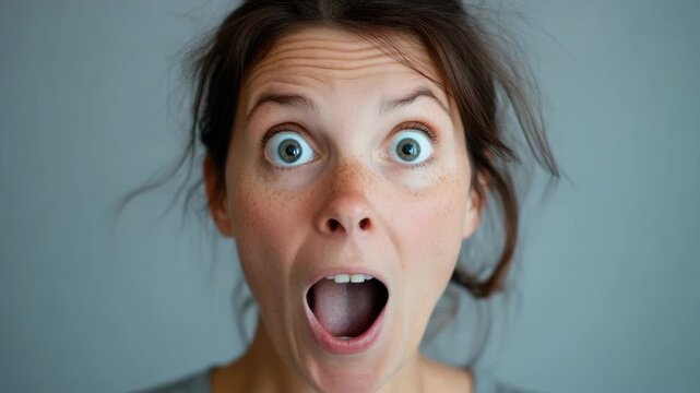 Surprised woman with freckles showing shocked facial expression