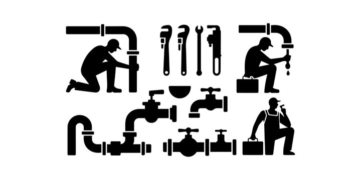 Professional Plumber Service Black Silhouette Collection.