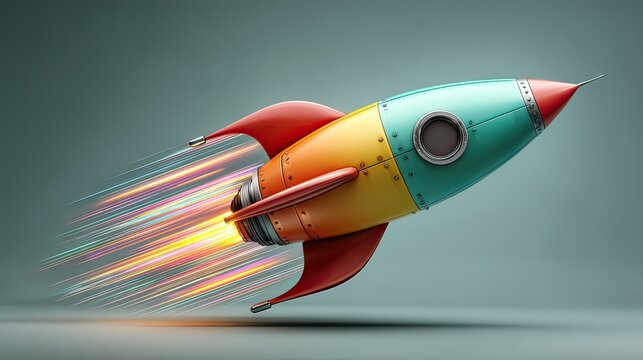 Retro Rocket Ship Launching into the Sky with Colorful Flames and Futuristic Design in a Minimalist Background