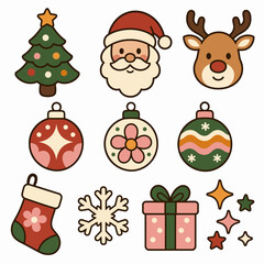 Naklejka premium Christmas Bundle With Tree Santa Reindeer Ornaments