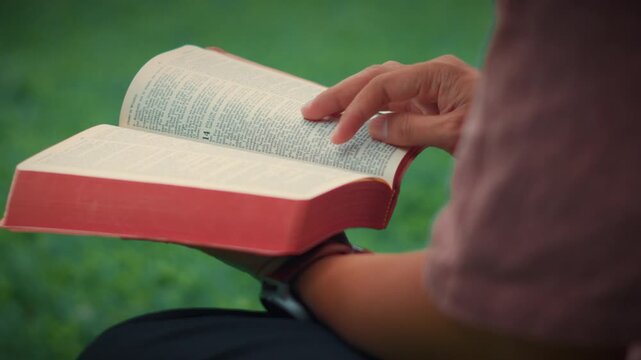 Close-up of a person opening a red Holy Bible outdoors against a blurred green background