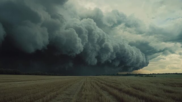 Dramatic Shelf Cloud Over a Harvested Field Under a Stormy Sky