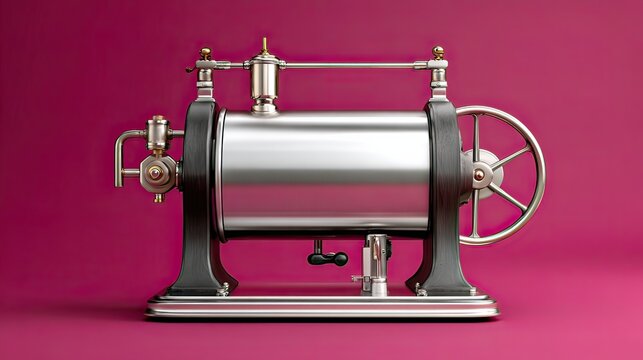 Vintage Steam Engine Model with Polished Steel Finish and Intricate Brass Details Against a Bold Pink Background