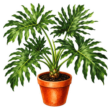 Philodendron Selloum Split Leaf Tropical Houseplant Botanical Watercolor Illustration