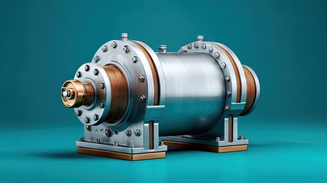 Detailed View of a Industrial Electric Motor Component with Metallic Finish on a Blue Background