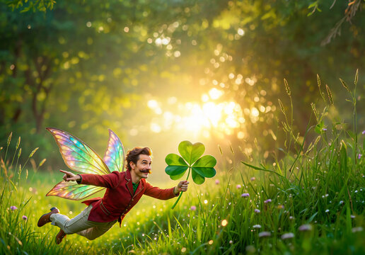happy man with fairy wings  is flying through tall green grass. he holds a large, oversized four-leaf clover 
