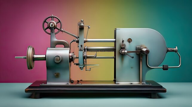 Vintage Metal Lathe Machine with Color Gradient Background for Industrial and Craftsmanship Themes