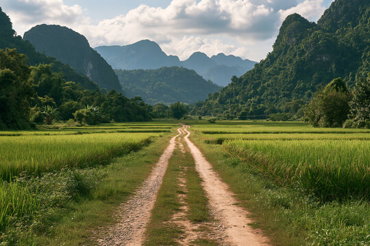 Rural landscape with path through green rice fields and majestic mountains