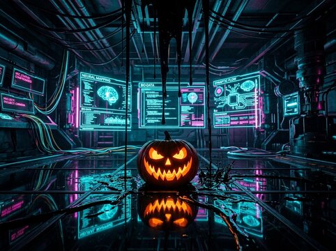 Spooky Glowing Jack o lantern in a Dark Cyberpunk Sci fi Laboratory
