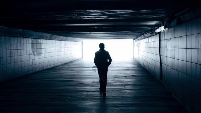Mysterious man walking through dark pedestrian tunnel toward bright light. Silhouette of lone traveler in urban underground passage. Panning camera movement.