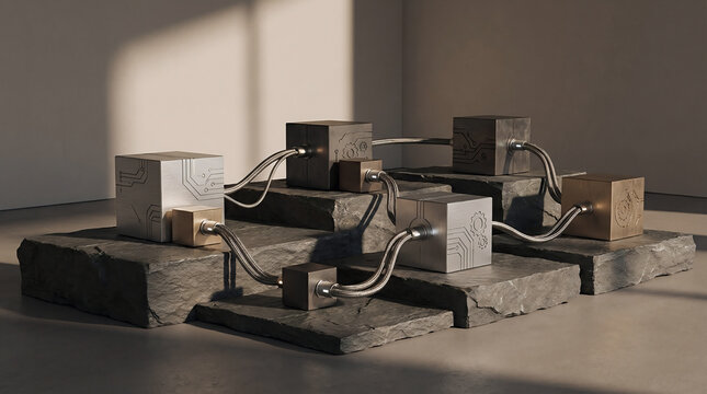 A conceptual visualization of the autosar software architecture showing interconnected metallic circuit blocks on stone platforms representing modularity