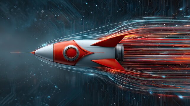 Futuristic Rocket Launching Through Vibrant Digital Streams in a Sci-Fi Inspired Background