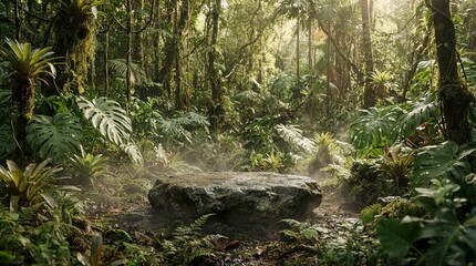 Naklejka premium Natural Stone Podium for Product Display in Lush Tropical Jungle with Monstera Leaves and Soft Mist