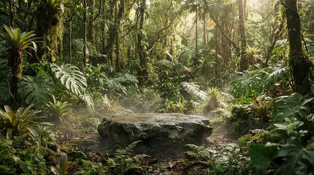 Natural Stone Podium for Product Display in Lush Tropical Jungle with Monstera Leaves and Soft Mist