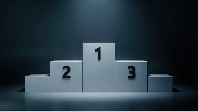 A white winner podium with numbered places stands under a bright spotlight. Represents achievement, competition, ranking, and success concepts.