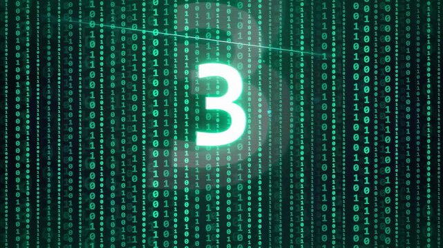 Digital countdown number three over glowing green binary code background for technology and data concepts