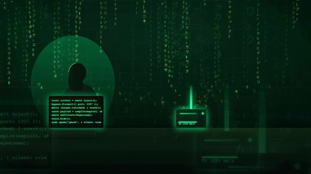 Hacker silhouette working on computer with green digital code rain and data screens background