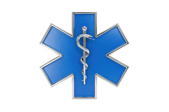 A blue star of life medical featuring a silver metallic caduceus emblem in the center, isolated on a solid black background, for visibility