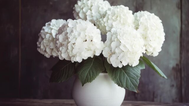 White Hydrangea Flowers in a Ceramic Vase on a Rustic Background
