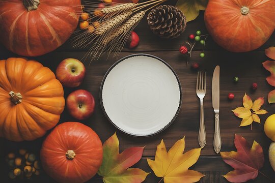 Rustic autumn table setting with pumpkins apples and colorful fall leaves on a dark wooden background