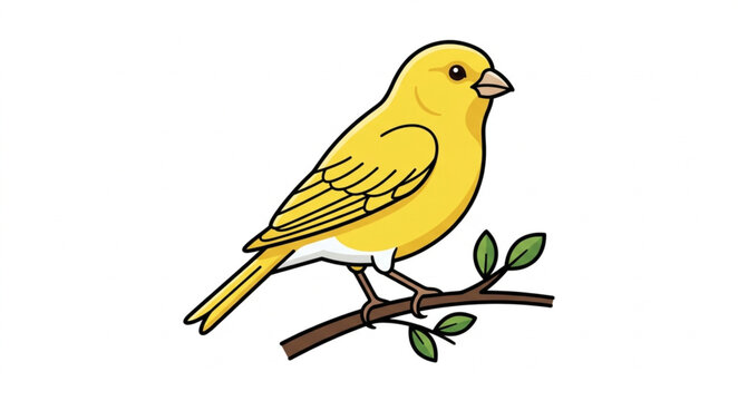 A vibrant yellow canary bird perched on a small leafy branch in a clean vector art style.