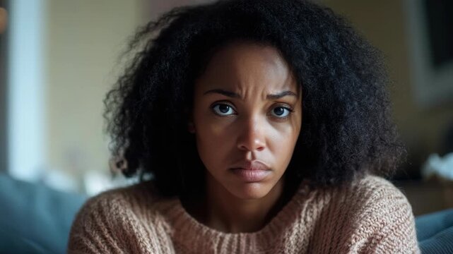 Close-up of a concerned woman with curly hair and a knit sweater