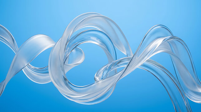 Abstract Floating Water Splash Stream with Liquid Ribbon Swirls on Blue Background