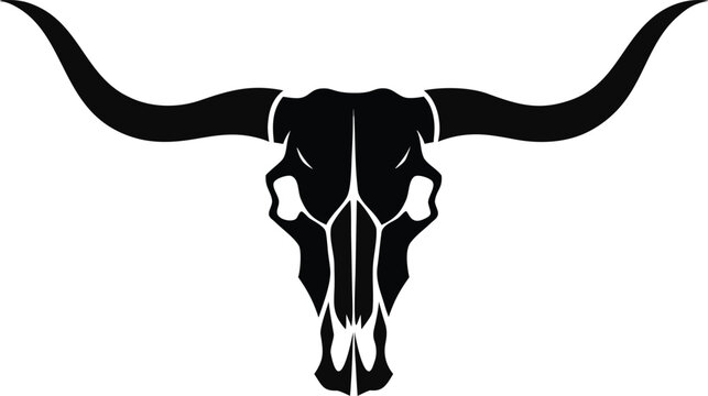 Longhorn bull skull vector silhouette, rustic western cow head icon, minimalist desert animal bone graphic for ranch branding