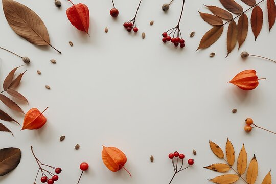 Autumn composition with dried leaves physalis berries and rowan berries arranged in a frame on white background