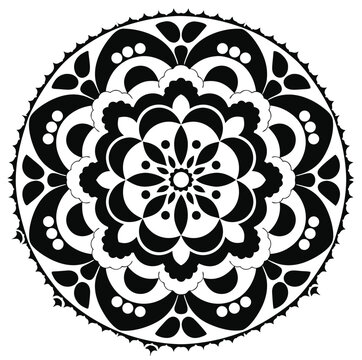 Black and white mandala vector illustration. Circular pattern design, flower ornament, zentangle art, geometric background. For card, print, tattoo