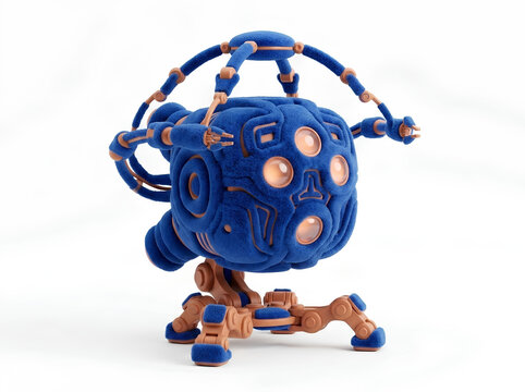 3D Render of Cute Plush Blue Spider Robots with Copper Joints Isolated on White