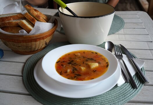 Traditional Romanian Vegetable Ciorbă Soup in Transylvania, Romania