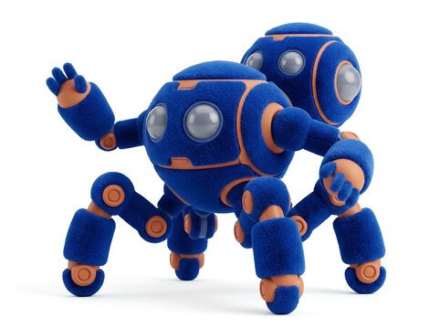 3D Illustration of Futuristic Blue Plush Robotic Brain Creature with Mechanical Arms